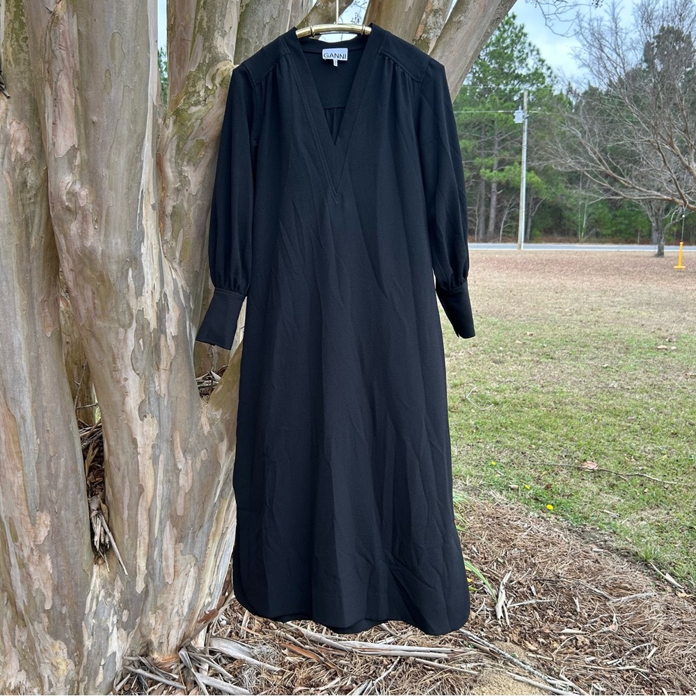 Ganni balloon sleeve crepe midi dress.